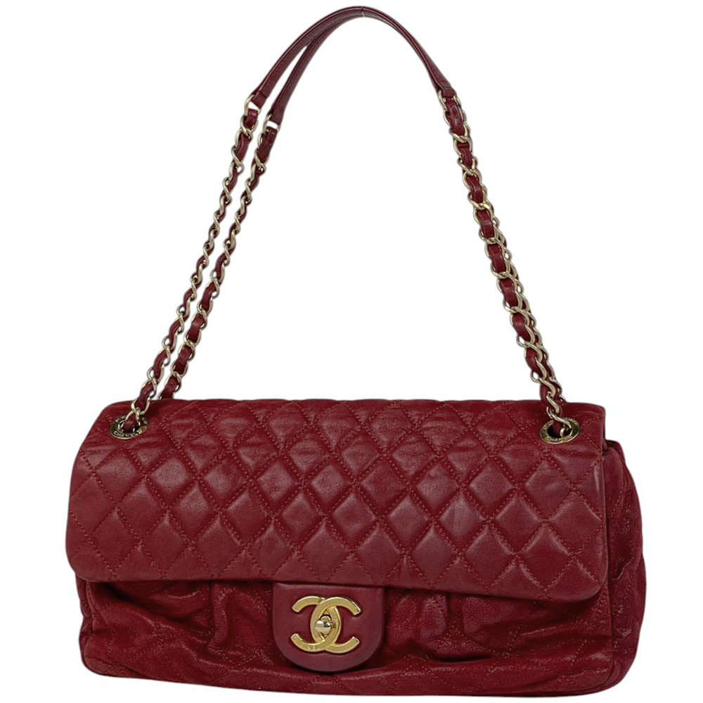 Chanel Matelassé Shoulder Bag with Coco Mark and Double Chain, Leather, Red, ...